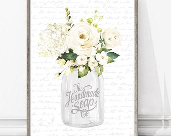White Floral Bouquet White Mason Jar Bathroom or Kitchen Wall Art, Flower Bath Room Handmade Decor | Print, Framed Print or Canvas Sign