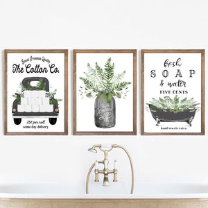 Set of 3 Bathroom Wall Decor Black Greenery Cotton Co Truck Bathroom Wall Art | Farmhouse Bathroom Decor | Print, Framed Print, Canvas Sign