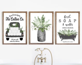 Set of 3 Bathroom Wall Decor Black Greenery Cotton Co Truck Bathroom Wall Art | Farmhouse Bathroom Decor | Print, Framed Print, Canvas Sign