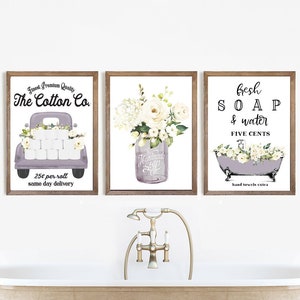 Set of 3 Lavender Bathroom Wall Art Cotton Co Bathroom Wall Decor | Purple Farmhouse Bathroom Art | Print, Framed Print or Canvas Sign