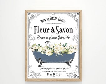 French Fleur a Savon Navy Wall Art | Vintage Parisian Bathroom Decor