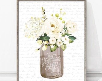 White Floral Bouquet Natural Mason Jar Bathroom or Kitchen Wall Art, Tan Brown Bath Room Decor | Print, Framed Print or Canvas Sign