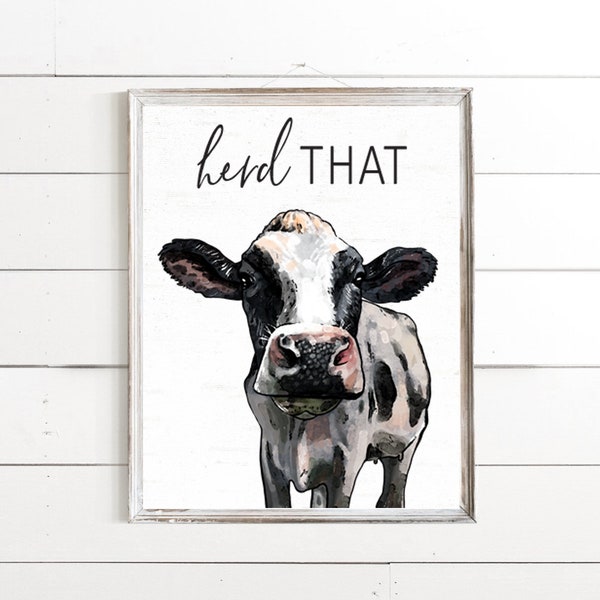 Herd That Cow Illustration Funny Bathroom Wall Art Decor | Heard That Farmhouse Bathroom Wall Decor | Print, Framed Print or Canvas Sign