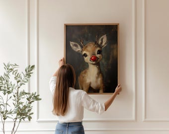 Rudolph Painting Reindeer Cute Print, Whimsical Deer Christmas, Red Nose Christmas Wall Art, Moody Vintage Rudolph Poster, Rustic Artwork