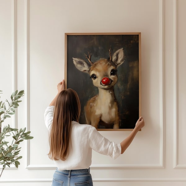 Rudolph Reindeer Wall Art, Whimsical Christmas Holiday Decor: Print, Framed Print or Canvas Sign