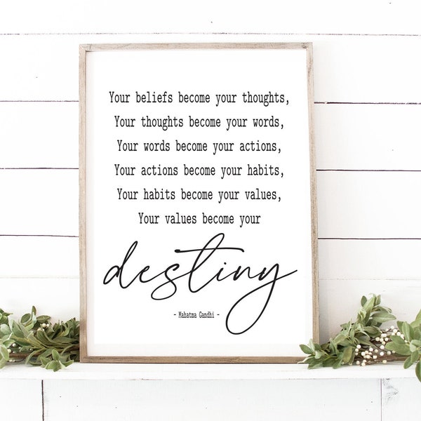 Your Beliefs Become Your Thoughts Mahatma Gandhi Wall Decor | Home Family Art | Print, Framed Print or Wrapped Canvas Sign