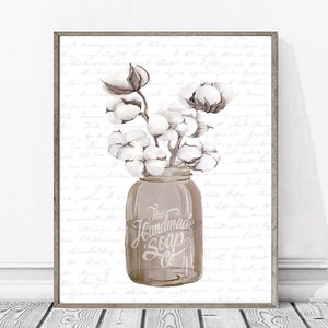 Cotton Stems Bouquet Natural Mason Jar Bathroom or Kitchen Wall Art, Tan Brown Bath Room Decor | Print, Framed Print or Canvas Sign