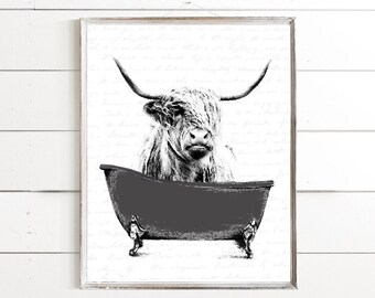 Highland Cow Black Clawfoot Bathtub Animal Custom Bathroom Wall Art | Funny Bathroom Wall Decor | Print, Framed Print or Canvas Sign
