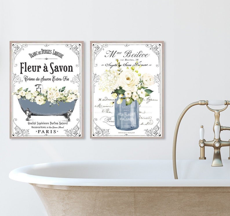 French Bathroom Navy Floral Set - Lettered & Lined