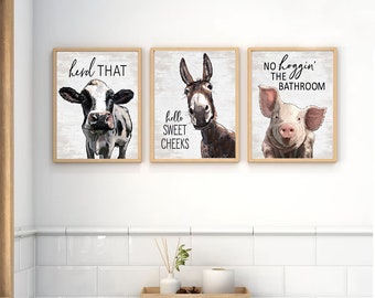 Funny Bathroom Wall Art Cow Donkey Sweet Cheeks Pig Bathroom Wall Decor | Bathroom Animals Farmhouse | Print, Framed Print or Canvas Sign