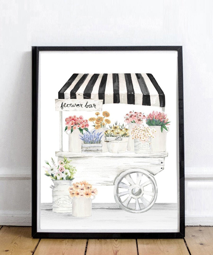 Flower Bar Cart Watercolor Illustration Print 4 Backgrounds Etsy