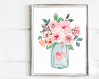 Blue Mason Heart Jar Pink Floral Bouquet Wall Decor | Valentine's Day Art | Print, Framed Print or Gallery Canvas Sign