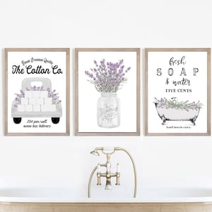 Set of 3 White Lavender Bathroom Wall Art Cotton Co Bathroom Wall Decor | Farmhouse Bathroom Decor | Print, Framed Print or Canvas Sign