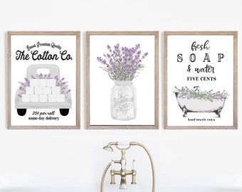 Lavender Bathroom Wall Art | Farmhouse Decor, Set of 3