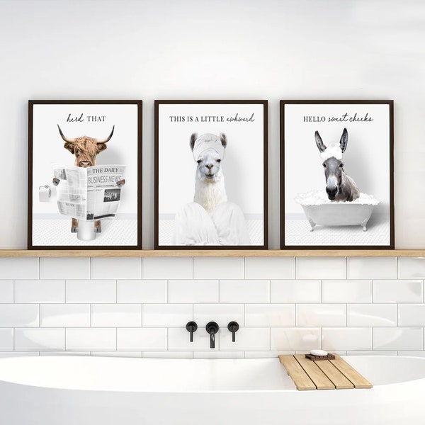 Set of 3 Funny Bathroom Art Highland Cow Herd That Llama Awkward Donkey Sweet Cheeks Bathroom Wall Decor | Print, Framed Print, Canvas Sign