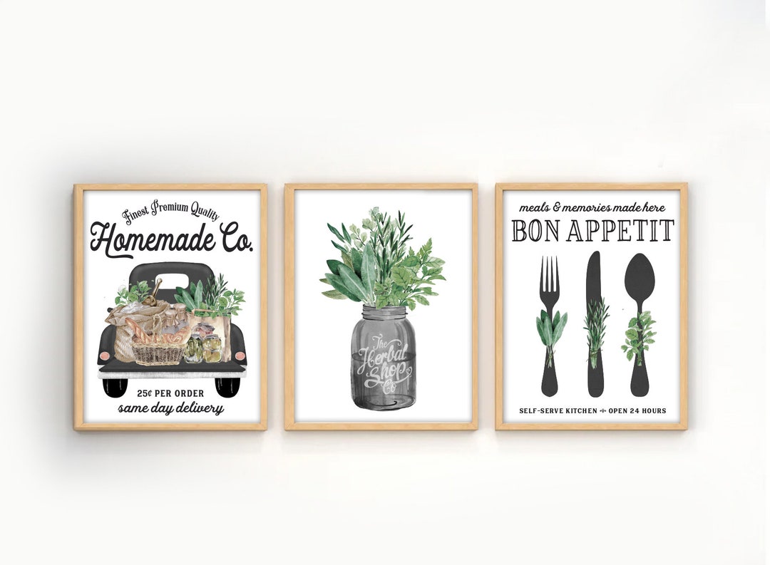 Black Herb Kitchen Wall Art Set | Farmhouse Decor (prints, Framed ...