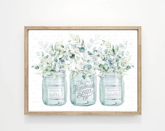 Eucalyptus Trio Bouquets Bathroom Wall Art, Blue Mason Jars Wall Decor | Turquoise Green Kitchen Decor | Print, Framed Print or Canvas Sign