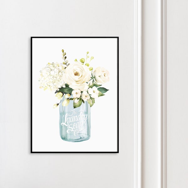 Laundry Room Floral Bouquet Wall Decor Blue Laundry Co Jar Wall Art | Turquoise Aqua Farmhouse Laundry | Print, Framed Print or Canvas Sign