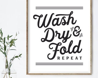 Wassen, drogen, vouwen en herhalen wasmuurkunst | Wasmuurdecoratie | Wasruimte boerderij | Verkrijgbaar als print, ingelijste print of canvasdoek