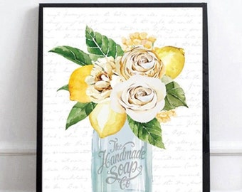 Blue Mason Jar Lemon Bouquet Bathroom or Kitchen Wall Art | Green Yellow Kitchen or Bathroom Wall Decor | Print, Framed Print or Canvas Sign