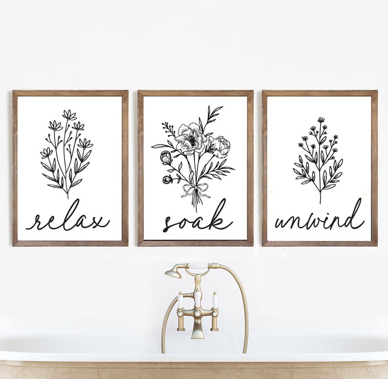 Set of 3 Relax Soak Unwind Floral Bathroom Wall Art Bathroom - Etsy