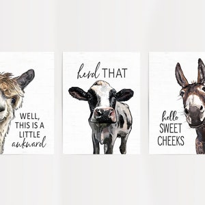 May include: Three printable wall art prints featuring illustrations of a llama, cow, and donkey. The llama is looking at the camera with a funny expression and the text "Well, this is a little awkward". The cow is looking at the camera with a funny expression and the text "herd that". The donkey is looking at the camera with a funny expression and the text "hello sweet cheeks".