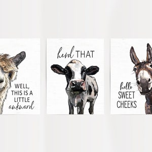 Set of 3 Custom Bathroom Art: Llama, Cow, & Donkey Animal Bathroom Wall Decor Farmhouse Bathroom Vintage Wall Art Bathroom Sign image 4