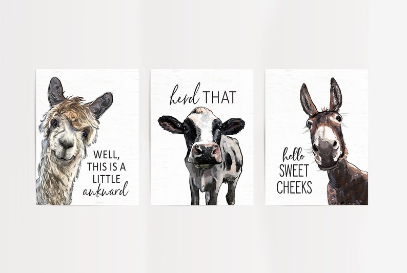 Set of 3 Custom Bathroom Art: Llama, Cow, & Donkey Animal Bathroom Wall Decor Farmhouse Bathroom Vintage Wall Art Bathroom Sign image 4