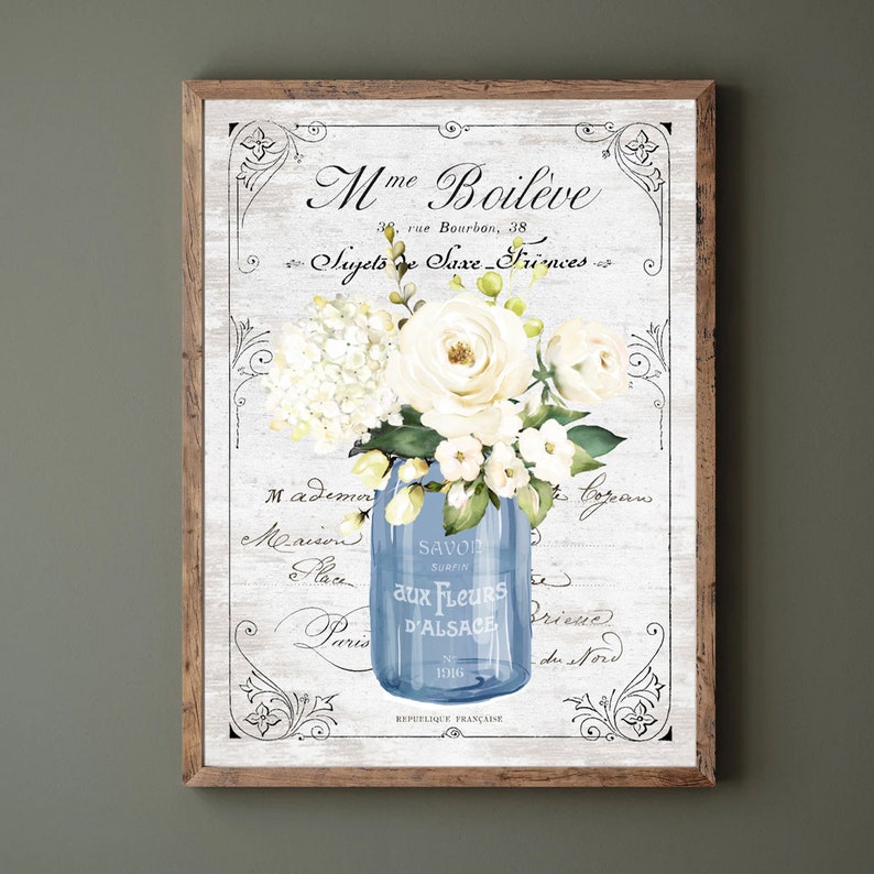 Set of 2 Navy Floral French Bathroom Wall Art French Bathroom Wall Decor Paris Parisian Farmhouse Print, Framed Print or Canvas Sign image 2
