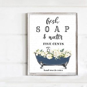 Navy Fresh Soap Water White Floral Tub Bathroom Wall Art, Vintage Clawfoot Flowers Bathroom Decor | Print, Framed Print or Canvas Sign