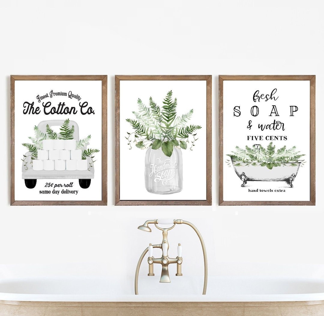 Set of 3 White Greenery Bathroom Wall Art Cotton Co Bathroom Wall Decor ...