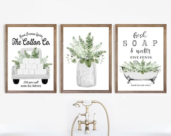 Farmhouse Bathroom Art Prints Set | Greenery Wall Decor