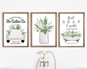 Set of 3 White Greenery Bathroom Wall Art Cotton Co Bathroom Wall Decor | Green Farmhouse Bathroom Decor | Print, Framed Print, Canvas Sign