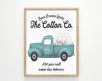 Blue Cotton Co Side Toilet Paper Delivery Truck Bathroom Wall Art | Turquoise Aqua Farmhouse Wall Decor | Print, Framed Print or Canvas Sign