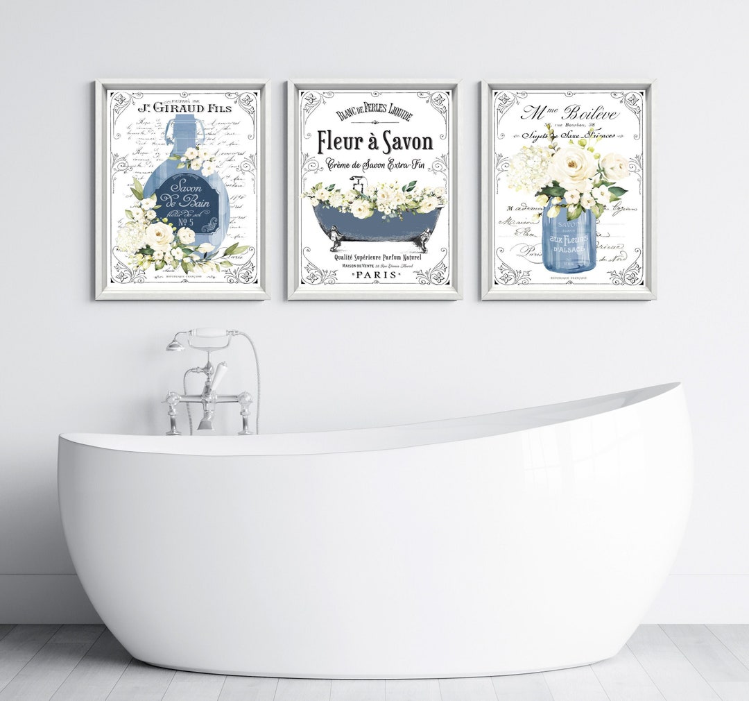 French Bathroom Art Navy Blue Floral French Bathroom Wall Art Set of 3