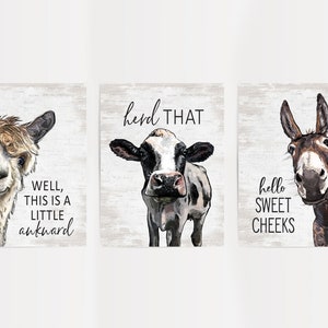 May include: Three framed prints with illustrations of farm animals. The first print features an alpaca with the text "Well, this is a little awkward". The second print features a cow with the text "herd that". The third print features a donkey with the text "hello sweet cheeks".