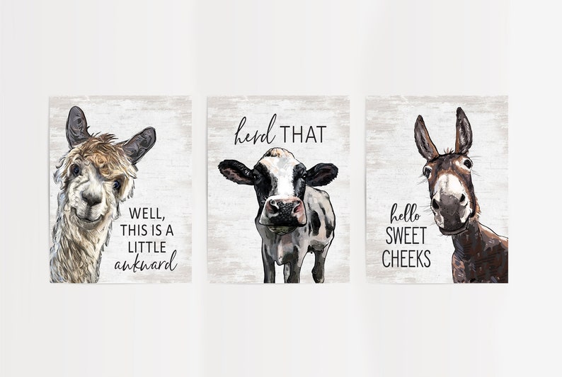 May include: Three framed prints with illustrations of farm animals. The first print features an alpaca with the text "Well, this is a little awkward". The second print features a cow with the text "herd that". The third print features a donkey with the text "hello sweet cheeks".