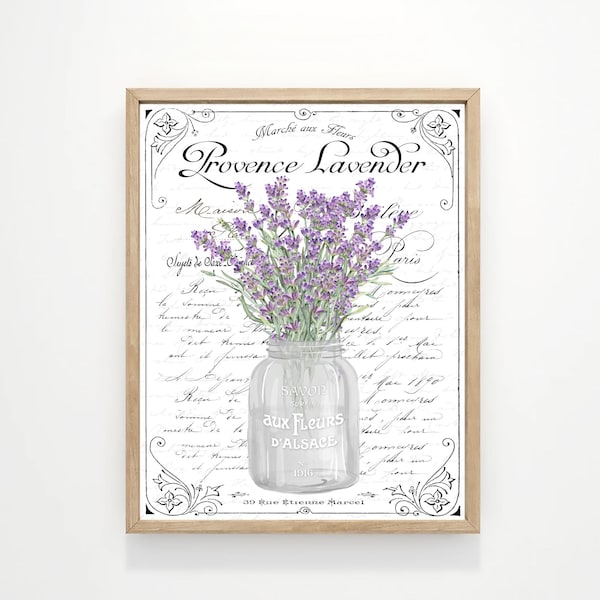 Lámina decorativa de pared con estampado de lavanda provenzal / Decoración floral francesa para baño