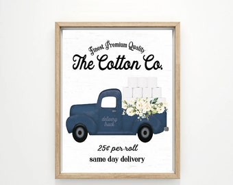 Navy Cotton Co Floral Side Truck Bathroom Wall Art, Blue 25 Cents Per Roll Bath Room Wall Decor | Print, Framed Print or Canvas Sign