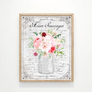 French Wall Art, Parisian Wildflowers Kitchen Bathroom Decor Sign, Fleurs Sauvages Print Frame, Natural Botanical Paris Vintage Painting