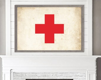 Swiss Cross Wall Decor | Vintage Red Cross Arm Flag | American Red Cross | Print, Framed Print or Wrapped Canavs Sign