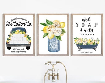 Set of 3 Navy Lemons Bathroom Wall Art Cotton Co Bathroom Wall Decor | Yellow Blue Bathroom Decor | Print, Framed Print or Canvas Sign