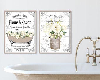 Set van 2 natuurlijke muurkunst Franse badkamer | Bruine Franse badkamermuurdecoratie | Parijse Parijse boerderij | Bord afdrukken, ingelijste print of canvas