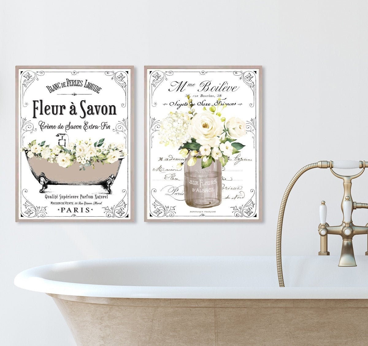 Set of 2 French Bathroom Natural Wall Art | Tan French Bathroom Wall Decor | Paris Parisian Farmhouse | Print, Framed Print or Canvas Sign