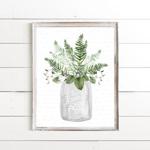 Greenery Bouquet White Mason Jar Bathroom or Kitchen Wall Art, Green Fern Bath Room Handmade Decor | Print, Framed Print or Canvas Sign