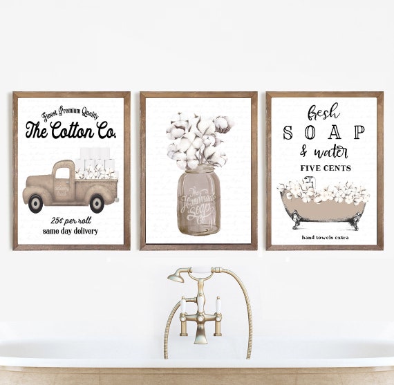 Set of 3 Natural Cotton Bathroom Wall Art the Cotton Co Truck Etsy