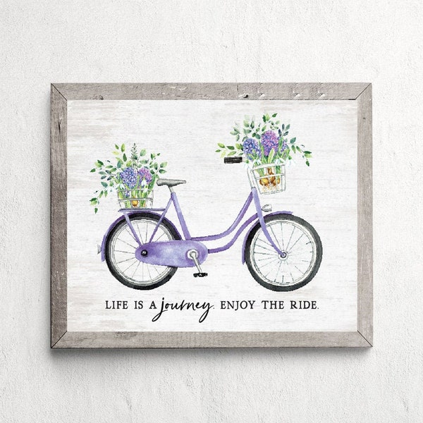 Life Is A Journey Enjoy The Ride Purple Bicycle Wall Decor | Spring or Summer Bike w/ Basket Themed Art | Print, Framed Print or Canvas Sign