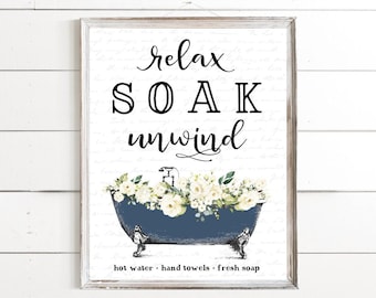 Navy Relax Soak Unwind Floral Bathtub Bathroom Wall Art Wall Decor | Blue Flower Botanical | Spa Decor | Print, Framed Print or Canvas Sign