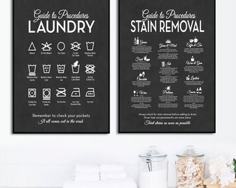 Laundry Wall Decor Art | Clothing Symbols Stain Removal Guide Set of 2 | Unique Modern Laundry Room | Print, Framed Print or Canvas Sign
