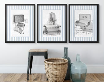 Vintage Bathroom Wall Decor Art  Blue Farmhouse Prints, Framed Prints or Canvas Signs